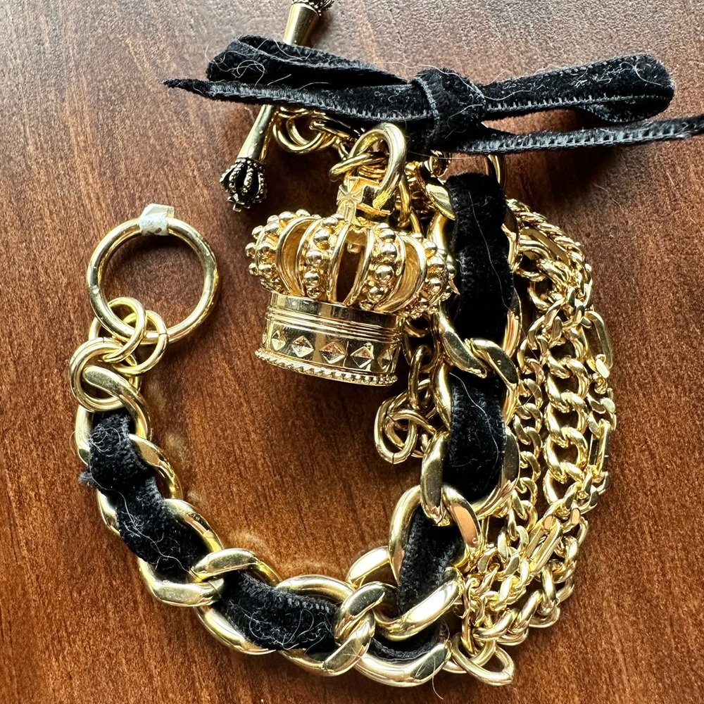 Juicy Couture Gold Tone & Black Velvet Ribbon Crown/Watch Charm Bracelet.